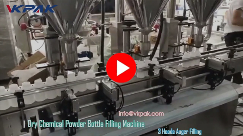 Automatický tříhlavý stroj na plnění práškových lahví